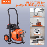 VEVOR 100FT x 1/2Inch Drain Cleaner Machine Sewer Auger Auto Feed with 4 Cutter & Air-Activated Foot Switch for 2" to 4" Pipes