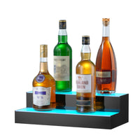 VEVOR LED Lighted Liquor Bottle Display, 2 Tiers 16 Inch Commercial Illuminated Home Bar Shelf, 2 Steps Whiskey Rack Stand, Acrylic Drink Shelves with RF Remote & App Control, and Multicolor lighting
