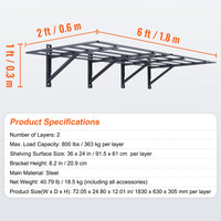 VEVOR 2PCS 72x24in Garage Storage Shelving Wall Mounted Heavy Duty Shelves Rack