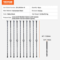 VEVOR Staircase Metal Balusters, 44'' x 1/2" Galvanized Steel Decorative Banister Spindles, 10 Pack Deck Baluster with Hollow Single Baskets, Twists, Spiral Stair Railing w/ Shoes & Screws