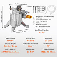 VEVOR Pressure Washer Pump, 22 mm Shaft Vertical, 3400 PSI, 2.5 GPM, Replacement Power Washer Pumps Kit, Parts Washer Pump, Compatible with Honda, Simpson, RYOBI, Briggs & Stratton, Subaru, Craftsman