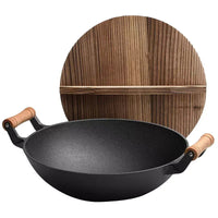Large Cast Iron Stir Fry Wok – Durable Wooden Handle Cookware - 36CM