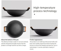 Large Cast Iron Stir Fry Wok – Durable Wooden Handle Cookware - 36CM