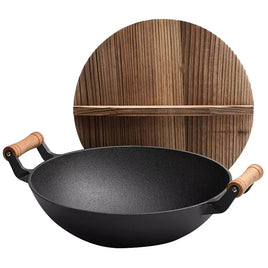 Large Cast Iron Stir Fry Wok – Durable Wooden Handle Cookware - 40CM