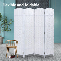 4 Panel Room Divider Decorative Folding Rattan Wicker Screen Room Privacy Separator White