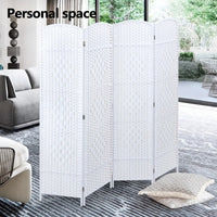 4 Panel Room Divider Decorative Folding Rattan Wicker Screen Room Privacy Separator White