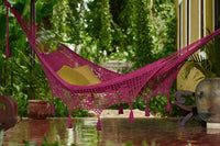 Outdoor undercover cotton Mayan Legacy hammock with hand crocheted tassels King Size Mexican Pink