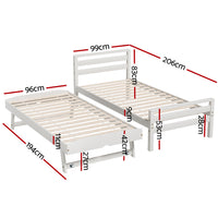 Bed Frame Single Size 2-in-1 Trundle Wooden White AVIS