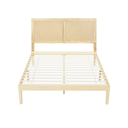 Artiss Bed Frame Queen Size with Rattan Headboard Wooden Bed Base BRUNO