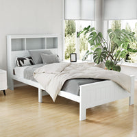 Bed Frame King Single Size Wooden with 3 Shelves Bed Head White