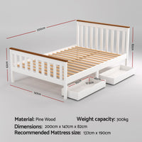 Artiss Bed Frame Double Size Wooden Platform with 2 Storage Drawers White PONY