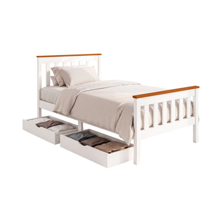 Artiss Bed Frame Single Size Wooden Platform with 2 Storage Drawers White PONY