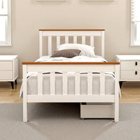 Artiss Bed Frame Single Size Wooden Platform with 2 Storage Drawers White PONY