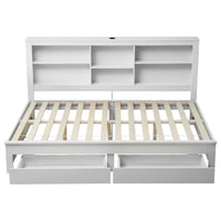 Artiss Noise-Free White Farmhouse Solid Wood Double Platform Bed Frame with Storage Headboard, Charging Station and Drawers for Bedroom and Apartment