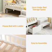Artiss Single Bed Frame with 2 Storage Drawers, Montessori Bed with Headboard, 2 USB Ports & Led Light, Solid Wood Platform Bed Base with Safety Rail & Ladder, 31CM Under-Bed Storage, White