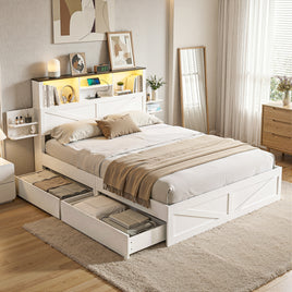 Artiss Double Bed Frame with Storage Drawers White Platform Bedframe with Bookcase Headboard Charging Station Led Light
