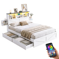 Artiss Double Bed Frame with Storage Drawers White Platform Bedframe with Bookcase Headboard Charging Station Led Light