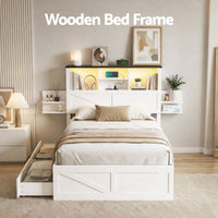 Artiss Single Bed Frame with Storage Drawers White Platform Bedframe with Bookcase Headboard Charging Station Led Light