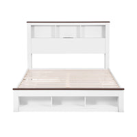 Artiss Double Bed Frame with Storage Bookcase Headboard and Footboard White Wooden Platform Bed with Charging Station and Led Light Bedroom Furniture