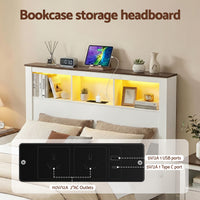 Artiss Double Bed Frame with Storage Bookcase Headboard and Footboard White Wooden Platform Bed with Charging Station and Led Light Bedroom Furniture