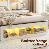 Artiss Double Bed Frame with Storage Bookcase Headboard and Footboard White Wooden Platform Bed with Charging Station and Led Light Bedroom Furniture