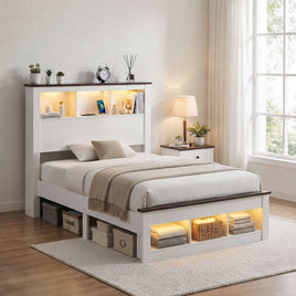 Artiss King Single Bed Frame with Storage Bookcase Headboard and Footboard, White