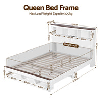 Artiss Queen Bed Frame with Storage Bookcase Headboard and Footboard White Wooden Platform Bed with Charging Station and Led Light Bedroom Furniture