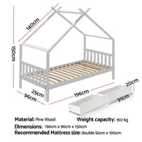 Artiss Bed Frame Wooden Base Kids Single Timber House  with 2 Storage Drawers Beds White