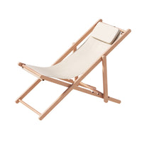 Outdoor Deck Chair Wooden Sun Lounge Folding Beach Patio Furniture Beige