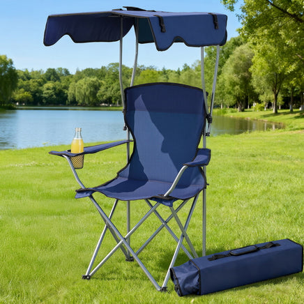 Weisshorn Camping Chair With Canopy Folding Outdoor Portable Seat Lightweight Beach Picnic Fishing Capacity 120KG Navy Blue