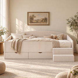 Artiss King Single Upholstered Daybed with Stairs & Storage Drawers, Beige
