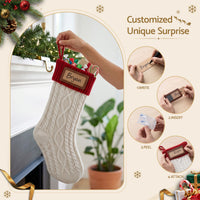 Jingle Jollys 3PCS Personalized Christmas Stockings with Leather Patches, 16 Inch Knitted Contrast Colour Xmas Hanging Decor For Fireplace Mantel, Christmas Tree, Home Decoration & Holiday Party Displays
