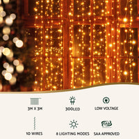 Jingle Jollys 3X3M Christmas Lights Curtain String Light 300 LED Warm White