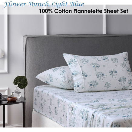Accessorize Cotton Flannelette Sheet Set Flower Bunch Light Blue Single Home & Garden Kings Warehouse 