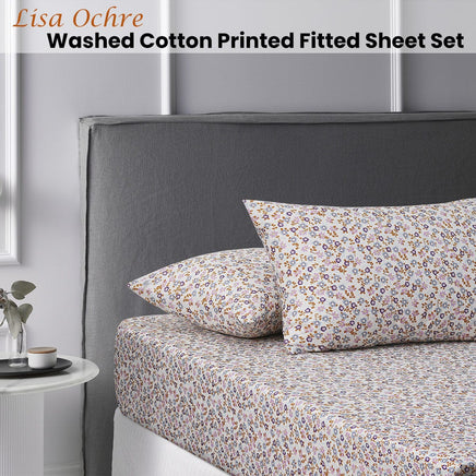 Accessorize Lisa Ochre Washed Cotton Printed Fitted Sheet Set King Home & Garden Kings Warehouse 