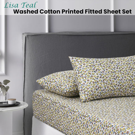 Accessorize Lisa Teal Washed Cotton Printed Fitted Sheet Set Single Home & Garden Kings Warehouse 