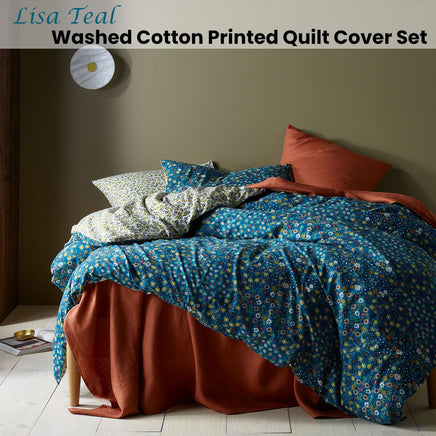 Accessorize Lisa Teal Washed Cotton Printed Quilt Cover Set King Home & Garden Kings Warehouse 