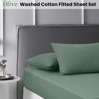 Accessorize Olive Washed Cotton Fitted Sheet Set King Home & Garden Kings Warehouse 