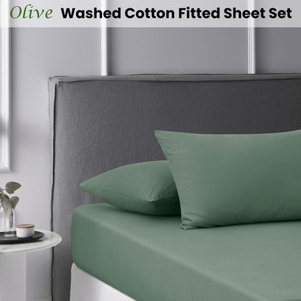 Accessorize Olive Washed Cotton Fitted Sheet Set Queen Home & Garden Kings Warehouse 