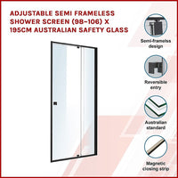 Adjustable Semi Frameless Shower Screen (98~106) x 195cm Australian Safety Glass Kings Warehouse 