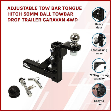 Adjustable Tow Bar Tongue Hitch 50mm Ball Towbar Drop Trailer Caravan 4WD Tools Kings Warehouse 