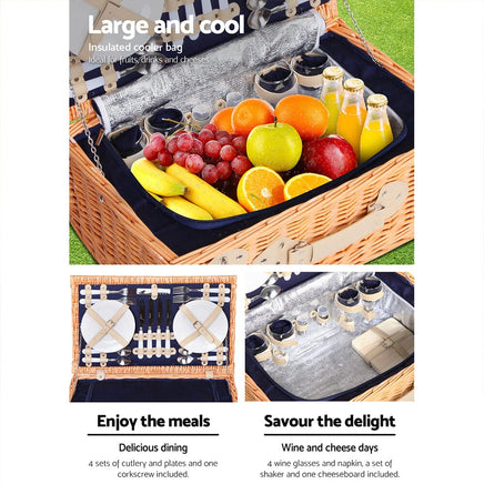 Alfresco 4 Person Picnic Basket Set Cooler Bag Insulated Blanket Outdoor Recreation Kings Warehouse 