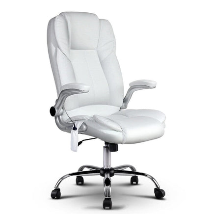 Artiss 8 Point Massage Office Chair PU Leather White Furniture Kings Warehouse 