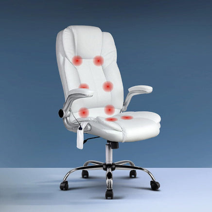 Artiss 8 Point Massage Office Chair PU Leather White Furniture Kings Warehouse 