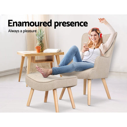 Artiss Armchair Set with Ottoman Beige Lansar Furniture Kings Warehouse 