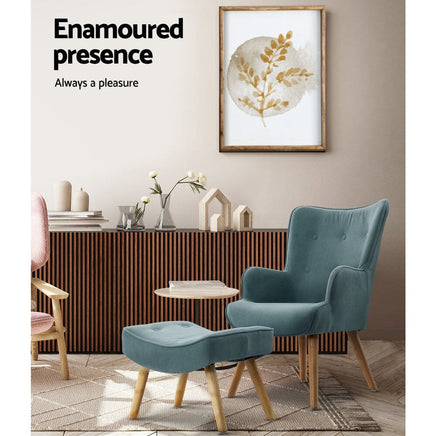 Artiss Armchair Set with Ottoman Blue Lansar Furniture Kings Warehouse 