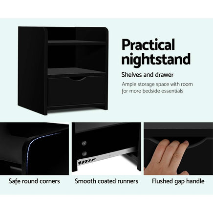 Artiss Bedside Table 1 Drawer with Shelf - FARA Black Furniture Kings Warehouse 