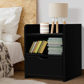 Artiss Bedside Table 1 Drawer with Shelf - FARA Black Furniture Kings Warehouse 