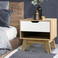 Artiss Bedside Table 1 Drawer with Shelf - IKER White & Oak Furniture Kings Warehouse 