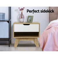 Artiss Bedside Table 1 Drawer with Shelf - IKER White & Oak Furniture Kings Warehouse 